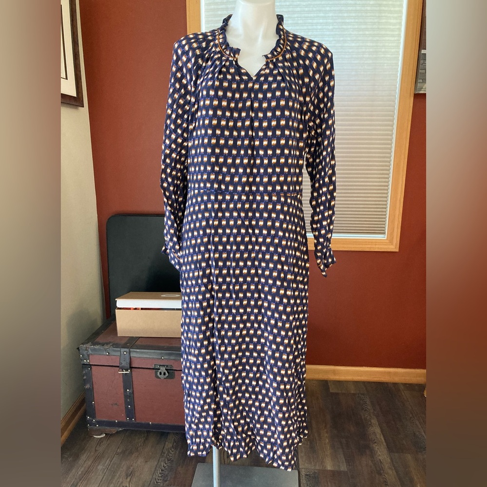 Long Sleeve Navy Blue Printed Midi Dress